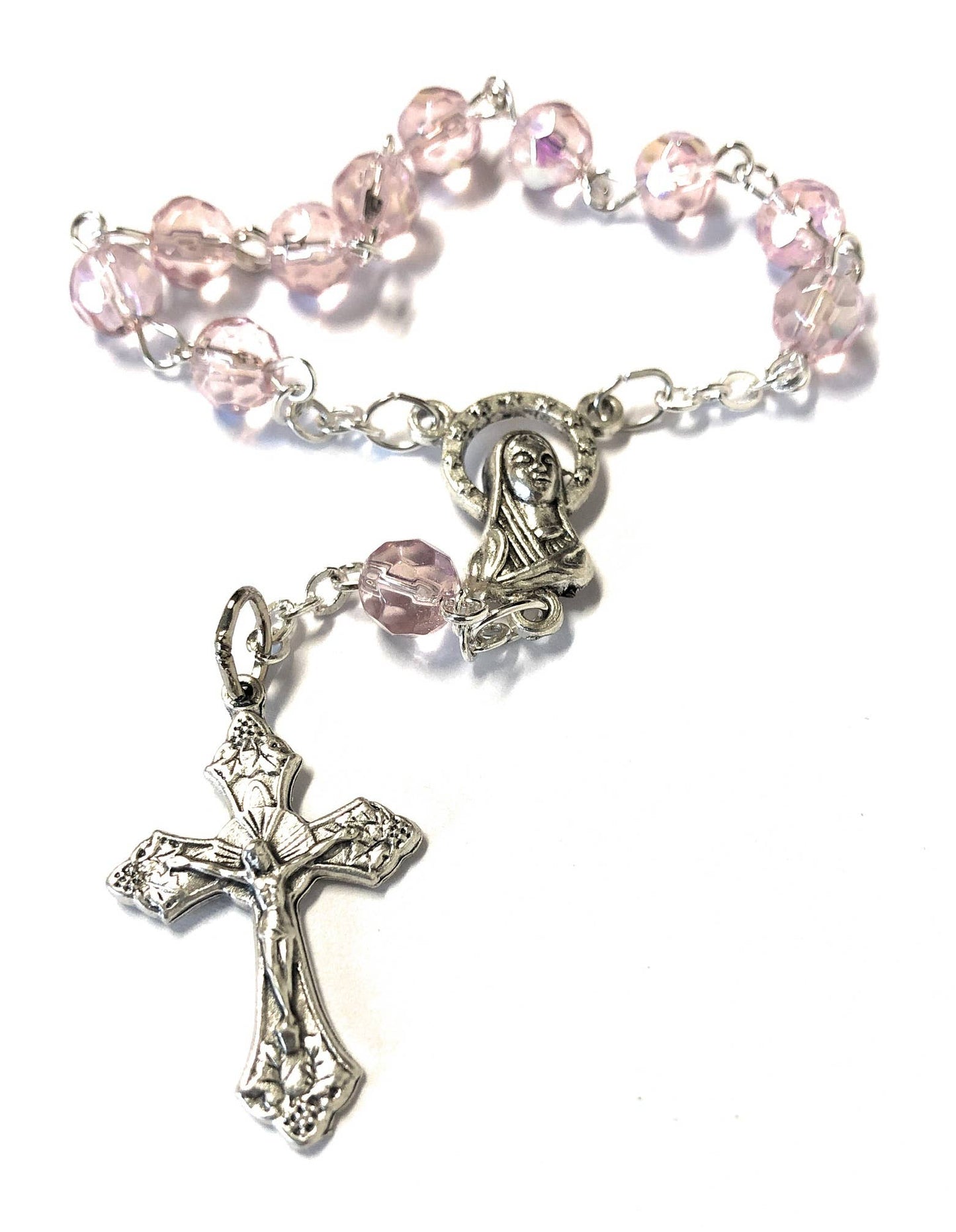 Hand-Bound Italian Crystal Decade Rosary – Pink Aurora Borealis