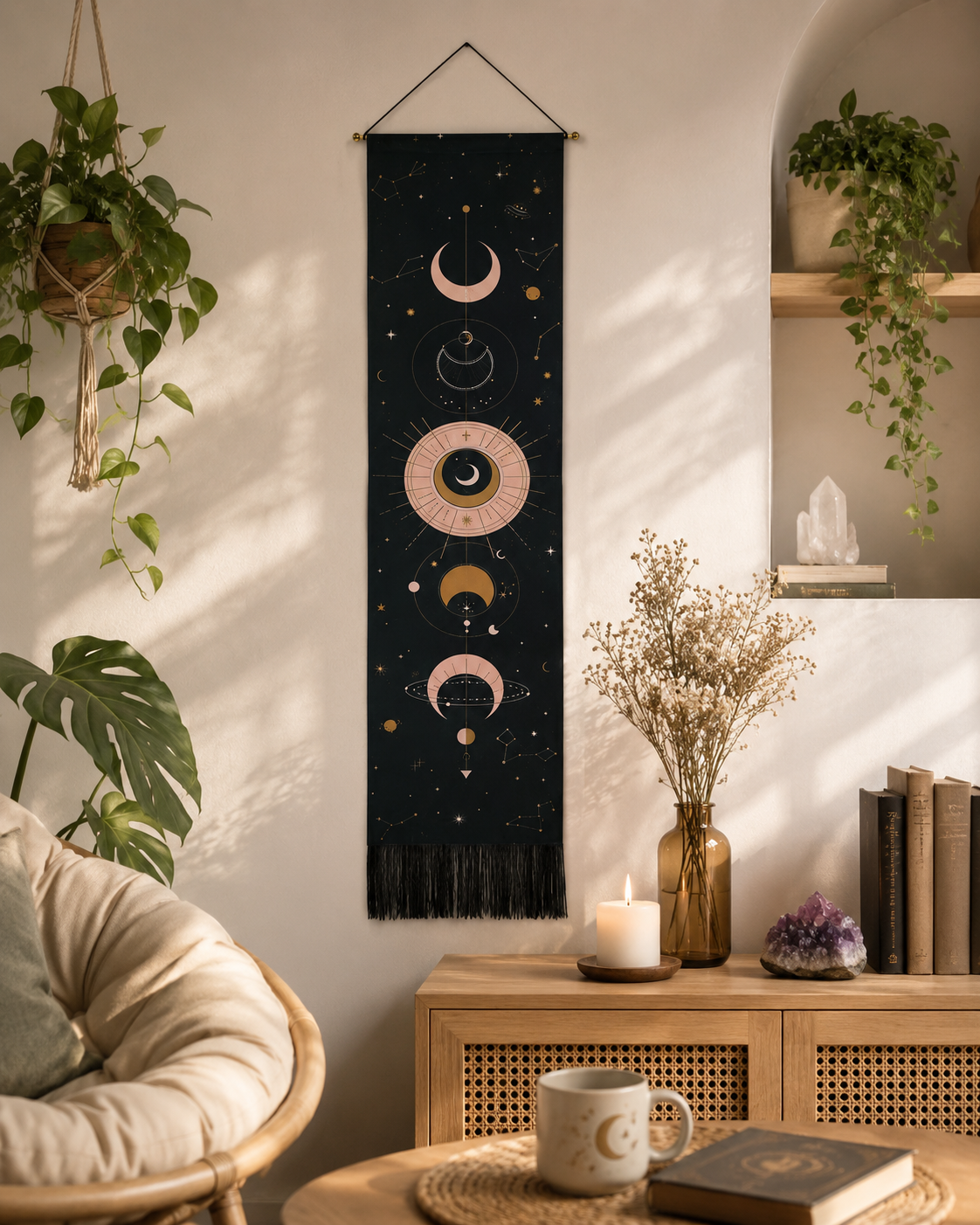 Black Celestial Moon Phase Wall Tapestry