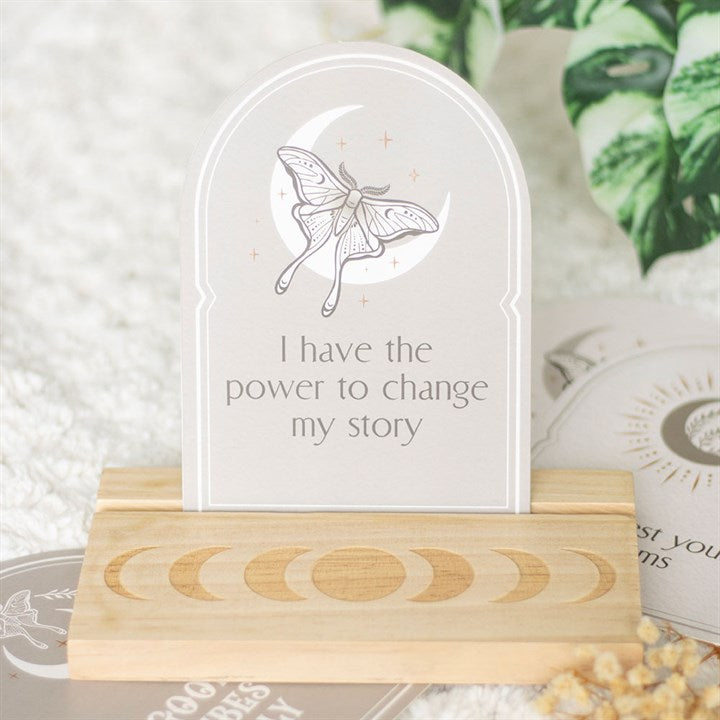 Lunar Affirmation Card Set with Wooden Moon Phase Stand – Manifestation & Mindfulness Gift