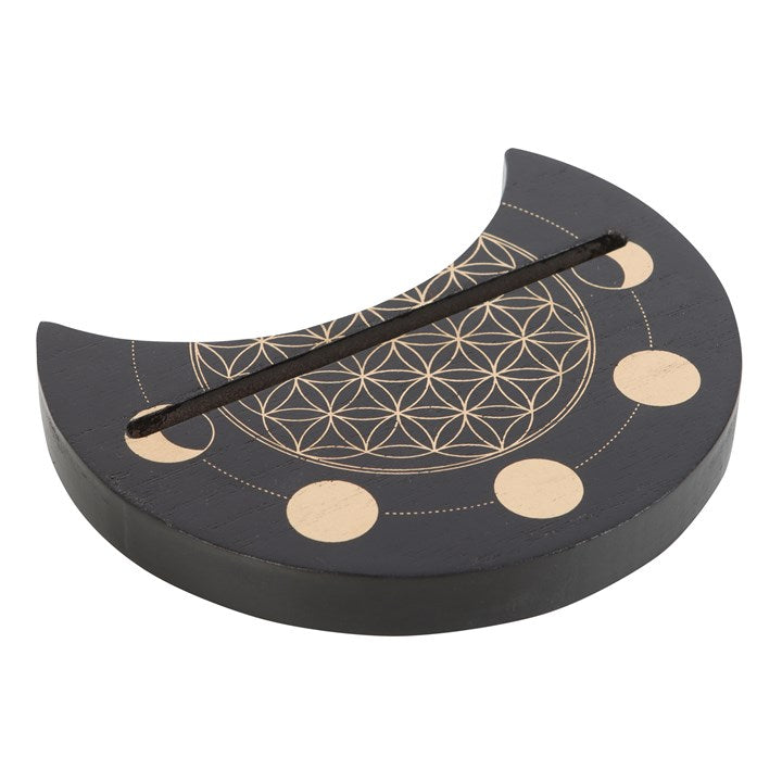 Black Crescent Moon Flower of Life Card Stand