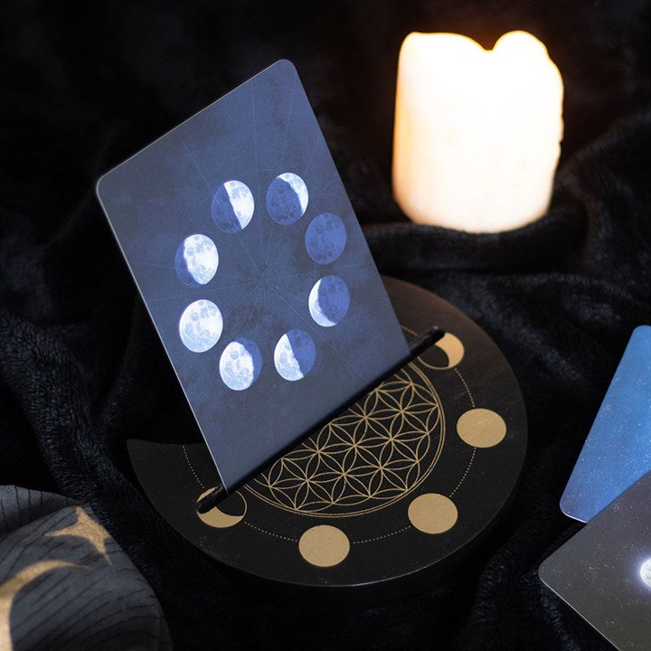 Black Crescent Moon Flower of Life Card Stand