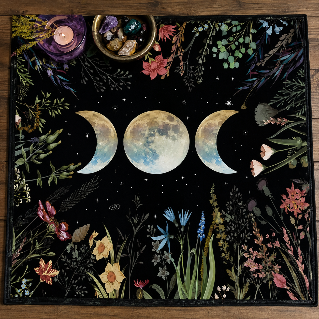 Triple Moon Altar Cloth | Floral Moon Phase Tarot & Crystal Reading Cloth