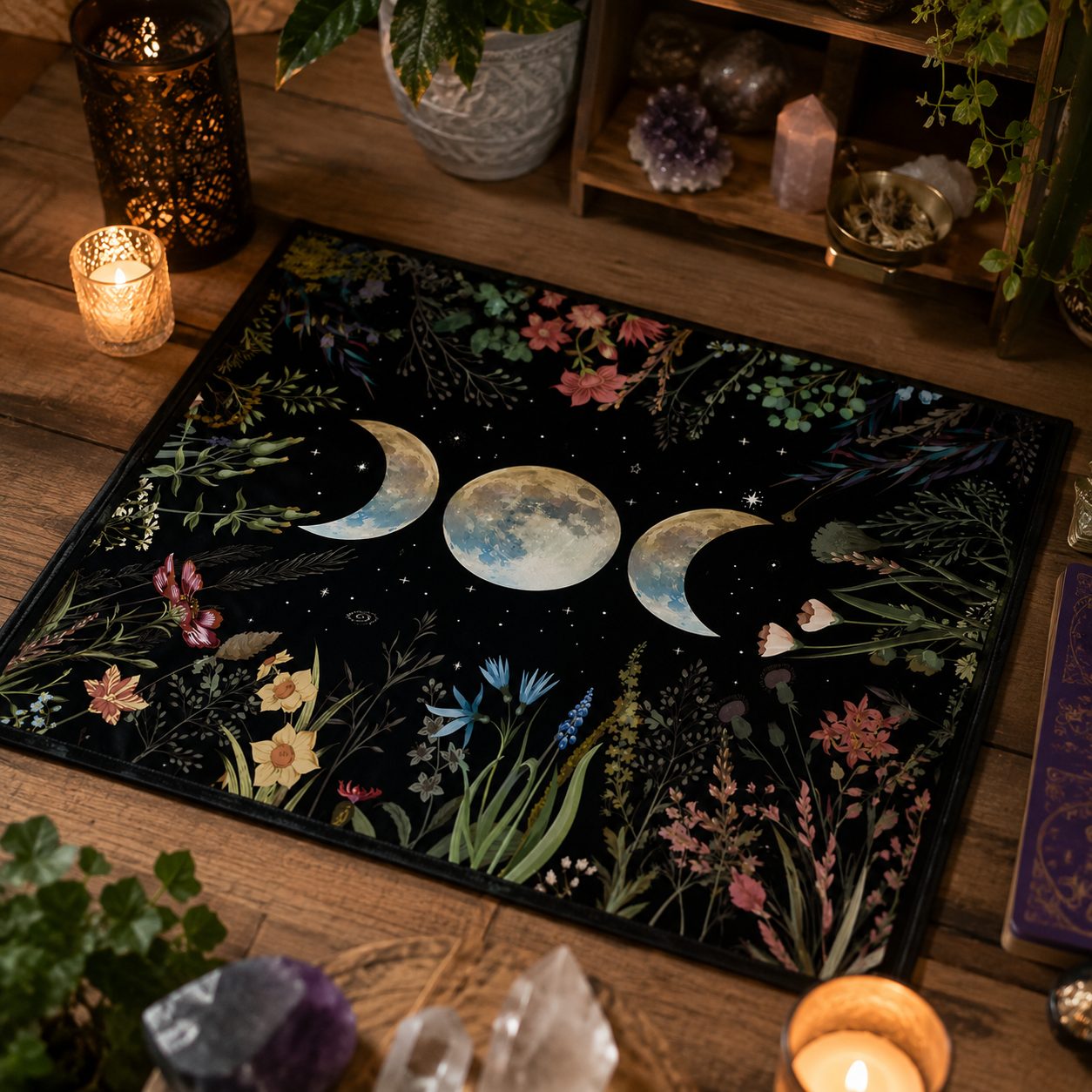 Triple Moon Altar Cloth | Floral Moon Phase Tarot & Crystal Reading Cloth