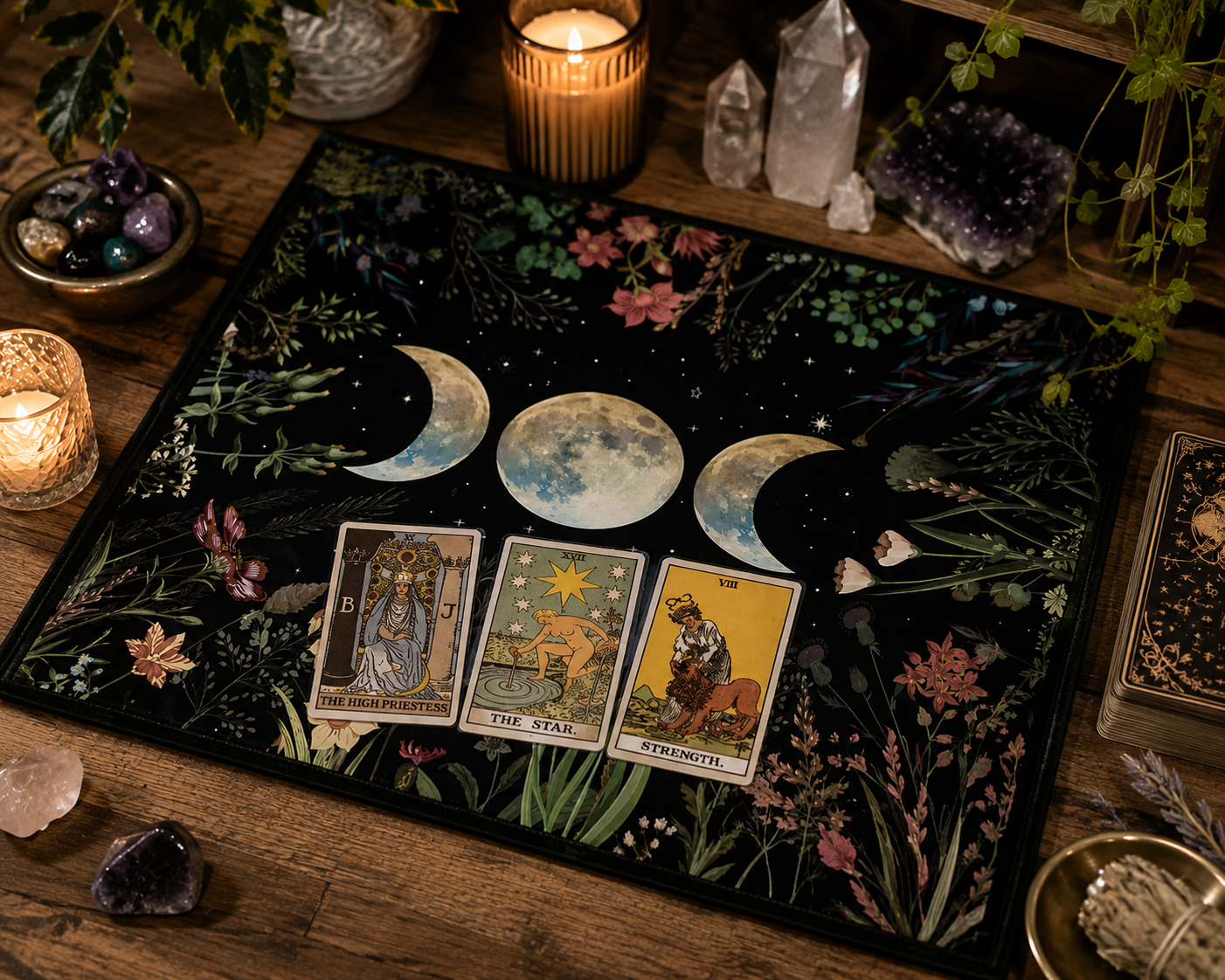Triple Moon Altar Cloth | Floral Moon Phase Tarot & Crystal Reading Cloth