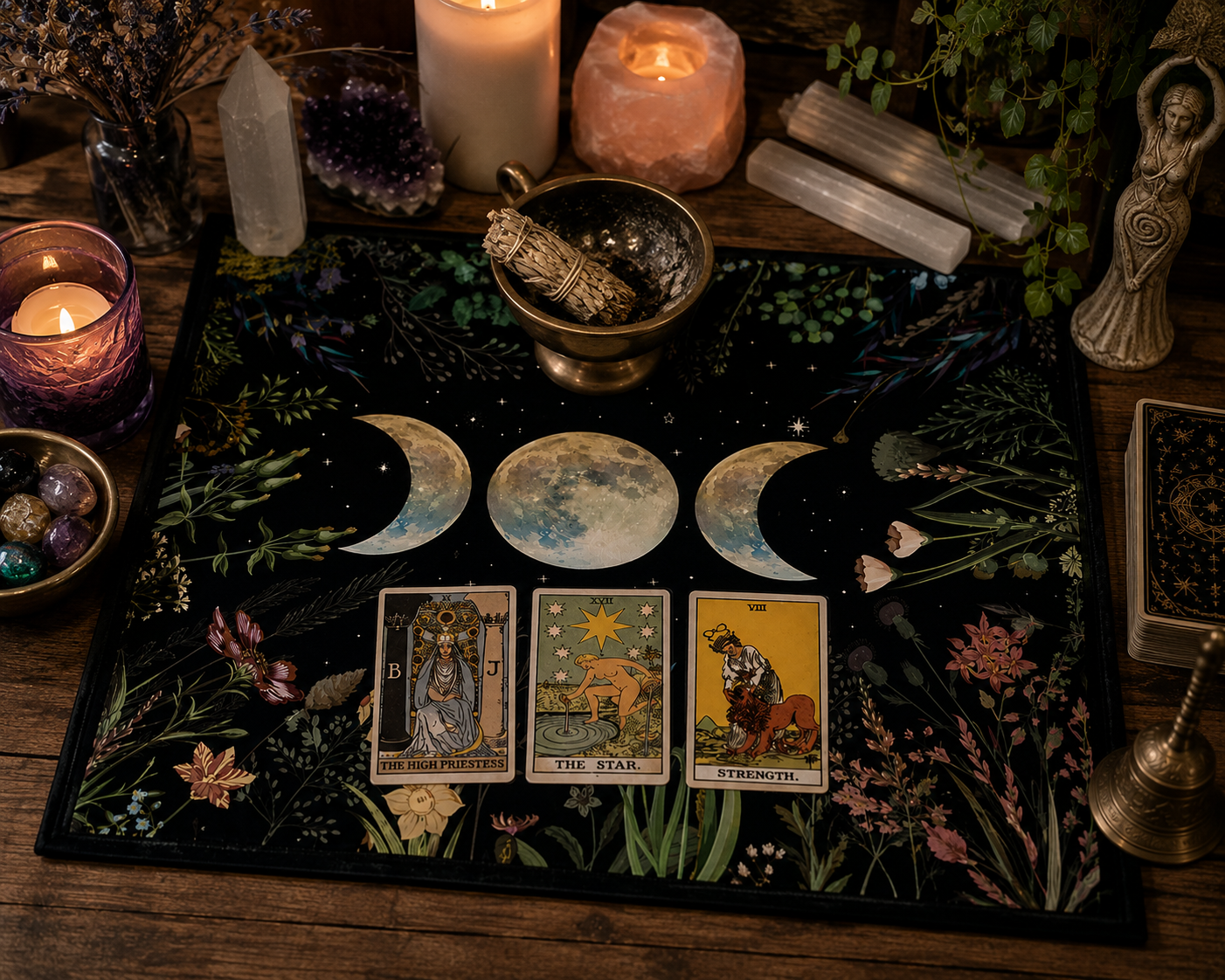 Triple Moon Altar Cloth | Floral Moon Phase Tarot & Crystal Reading Cloth