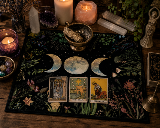 Triple Moon Altar Cloth | Floral Moon Phase Tarot & Crystal Reading Cloth