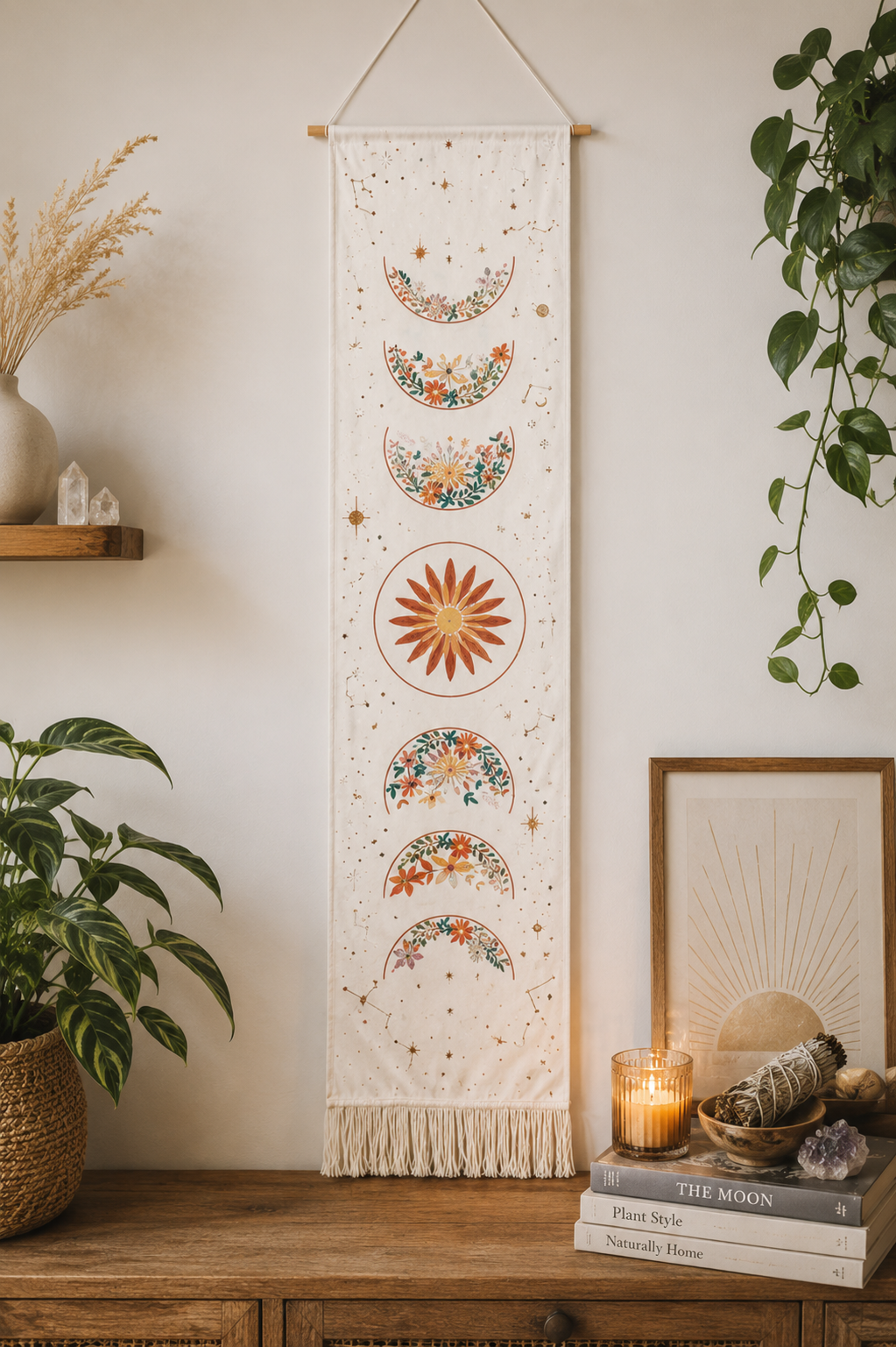Lunar Bloom Moon Phase Wall Tapestry