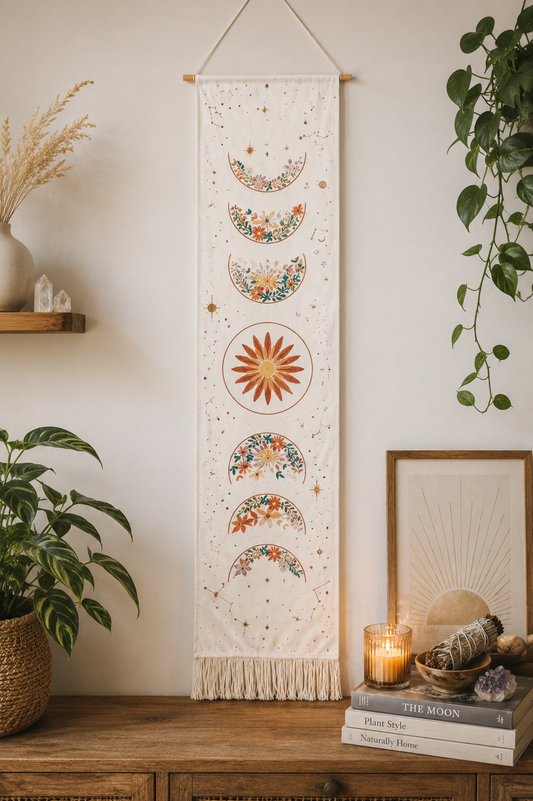 Lunar Bloom Moon Phase Wall Tapestry