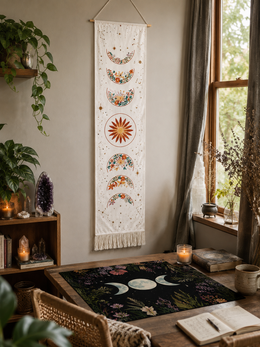 Lunar Bloom Moon Phase Wall Tapestry