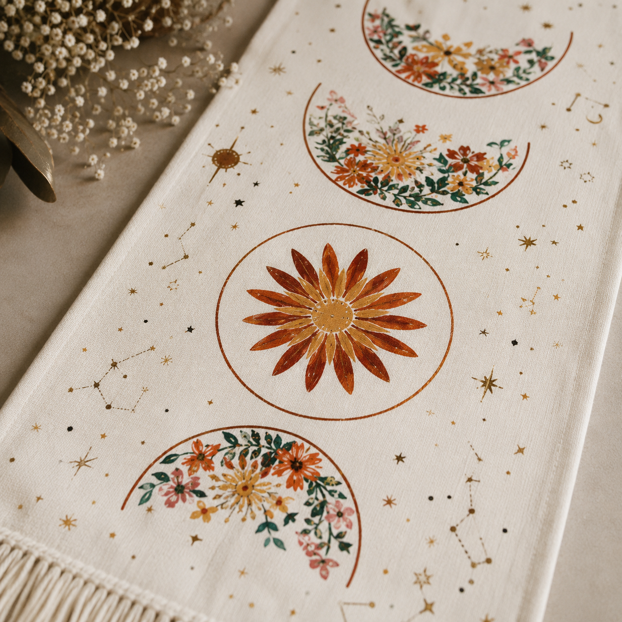 Lunar Bloom Moon Phase Wall Tapestry
