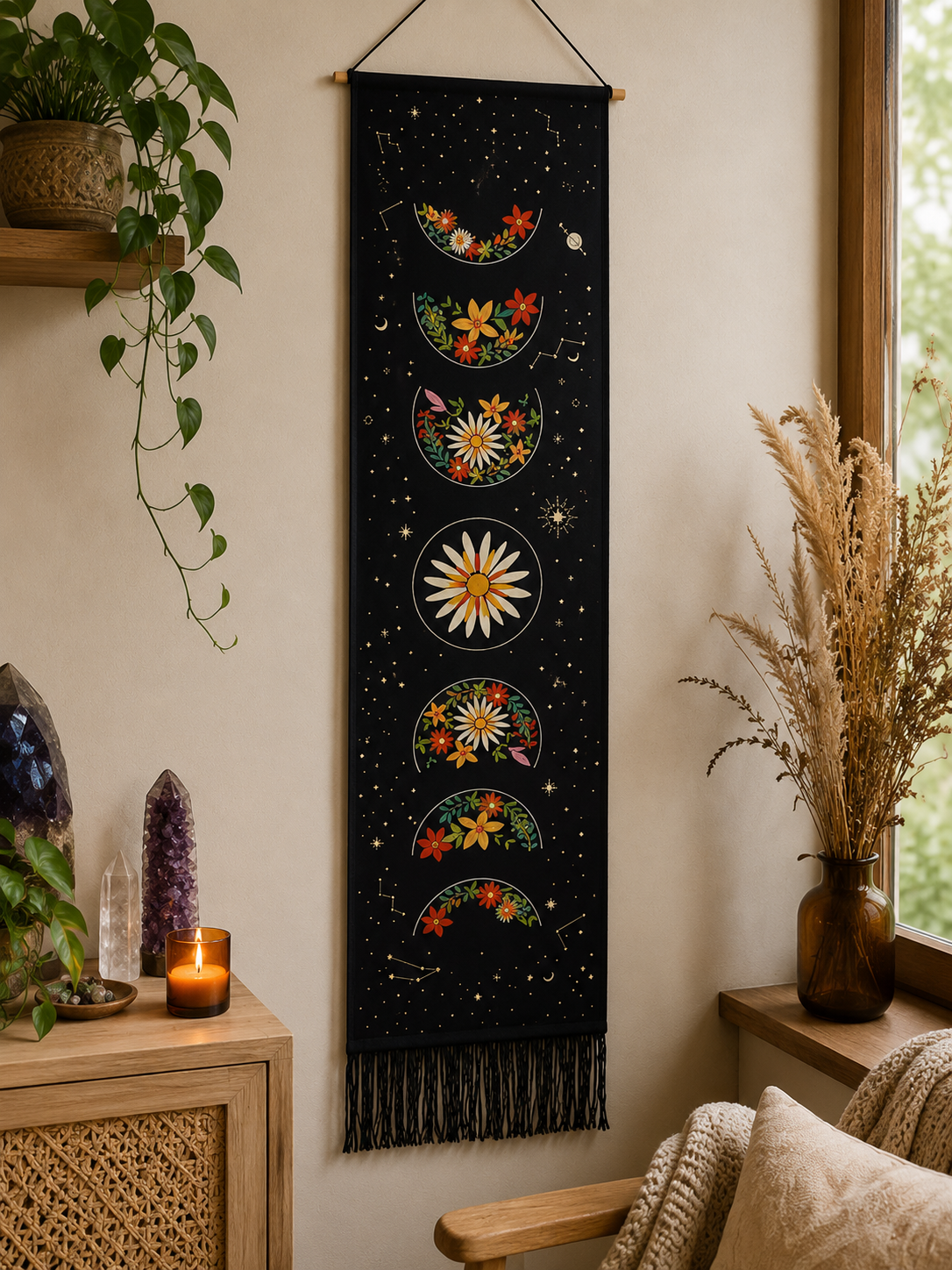 Lunar Bloom Moon Phase in Black -  Wall Tapestry