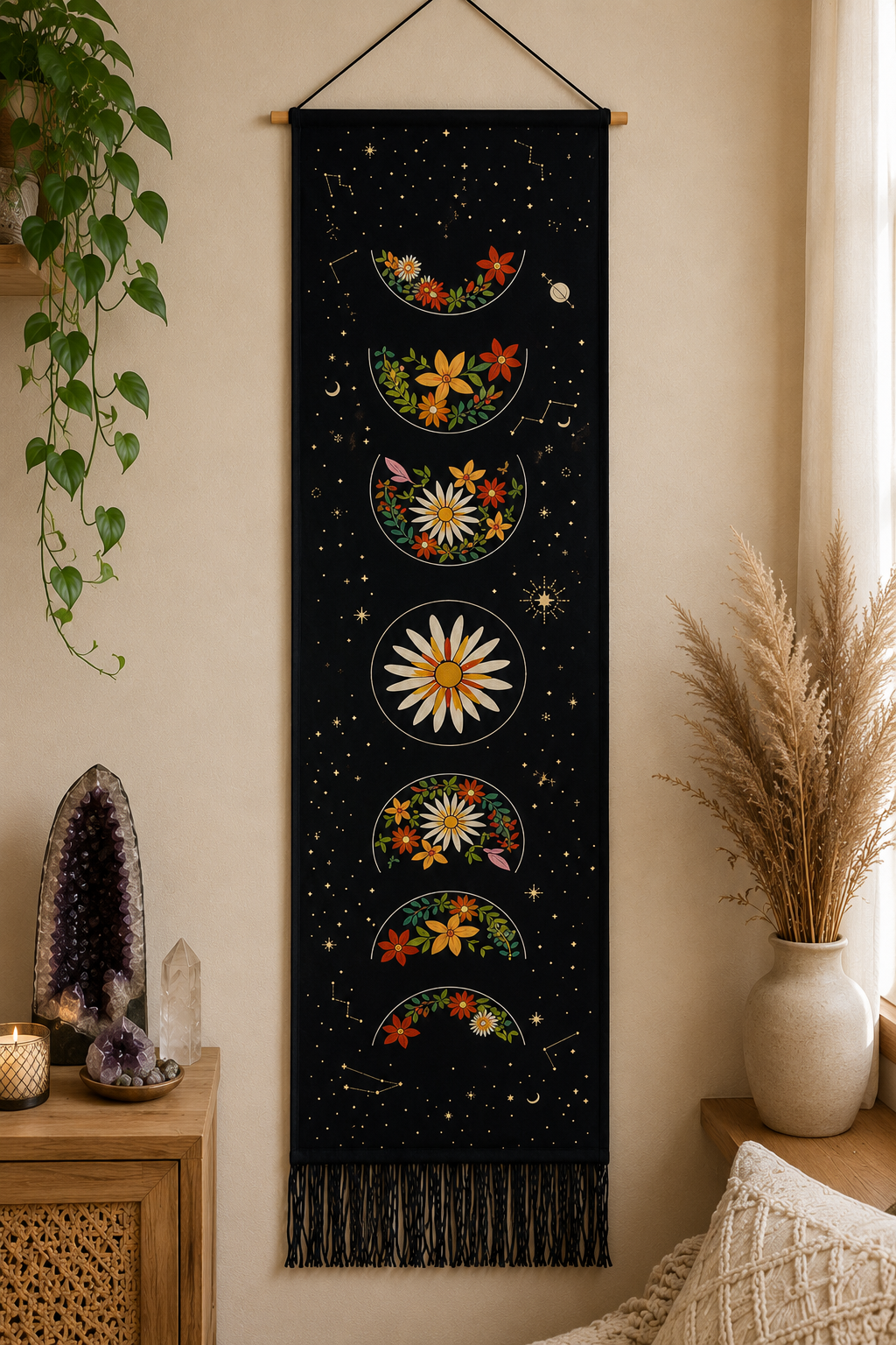 Lunar Bloom Moon Phase in Black -  Wall Tapestry