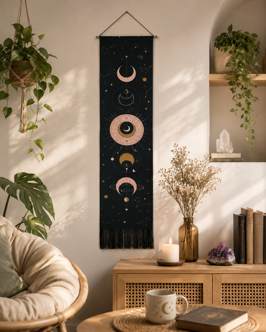 Black Celestial Moon Phase Wall Tapestry