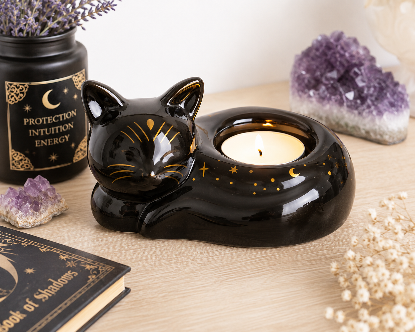 Black Cat Magick Curled Cat Tealight Holder