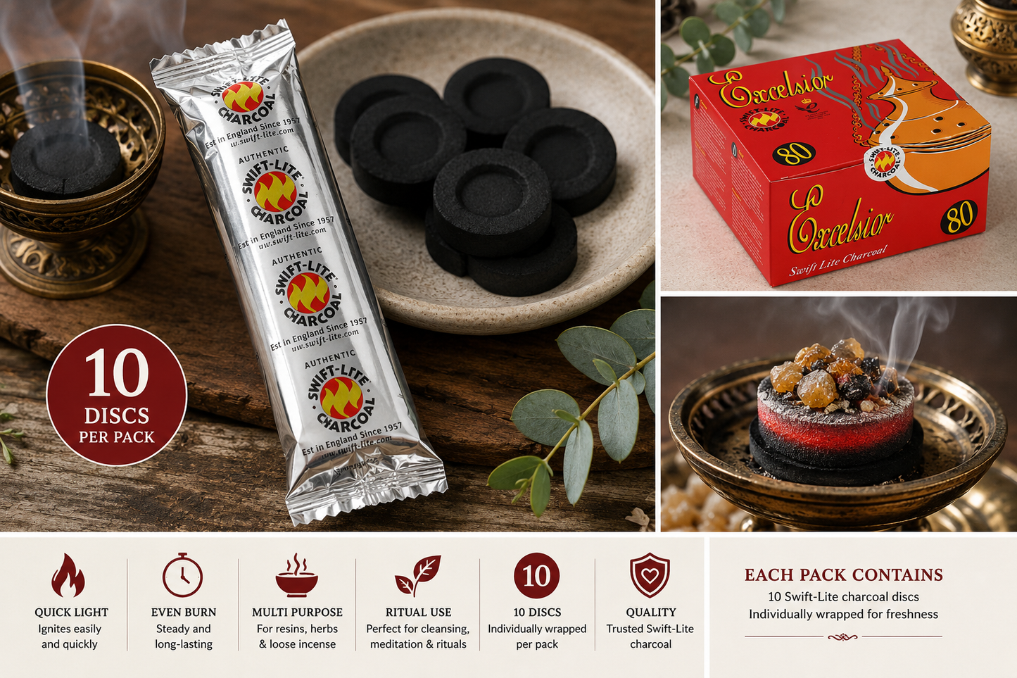 10 Quick - Light Charcoal Discs | Perfect for burning resins and herbs