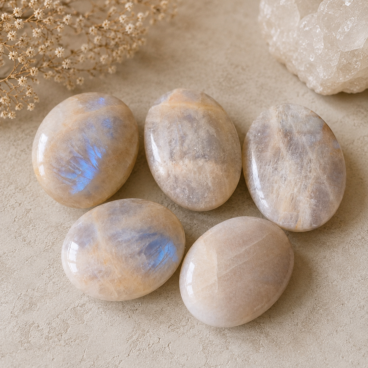 Five moonstone stones on a textured surface with dried flowers and a crystal in the background.
