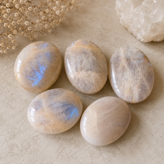 Five moonstone stones on a textured surface with dried flowers and a crystal in the background.
