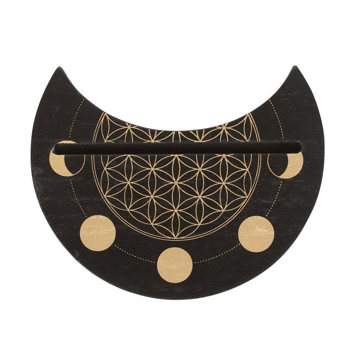Black Crescent Moon Flower of Life Card Stand