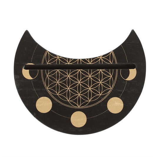 Black Crescent Moon Flower of Life Card Stand