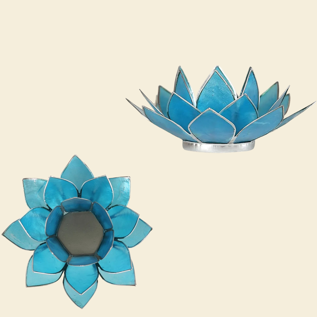 Chakra Lotus Tealight Holder – Capiz Shell, Silver Trim (Choose Your Colour)
