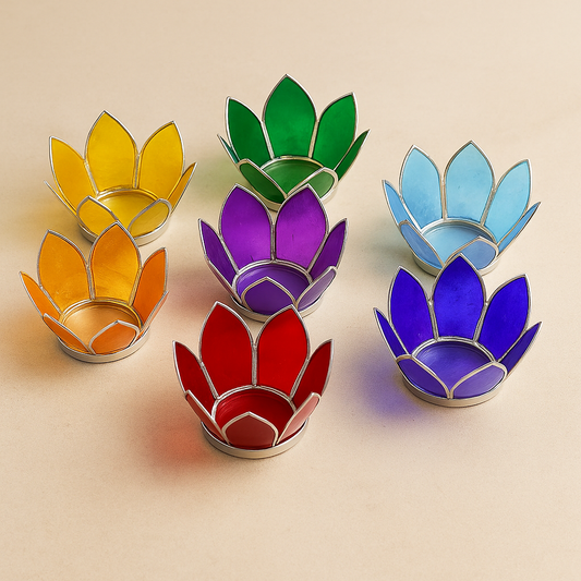 7 Chakra Lotus Tealight Holders with Silver Trim
