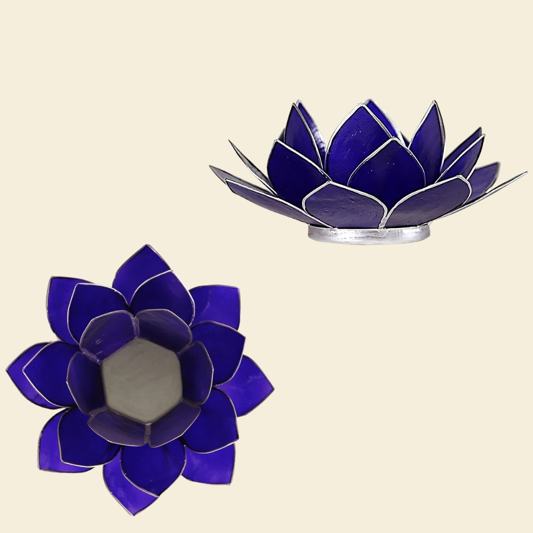 Chakra Lotus Tealight Holder – Capiz Shell, Silver Trim (Choose Your Colour)
