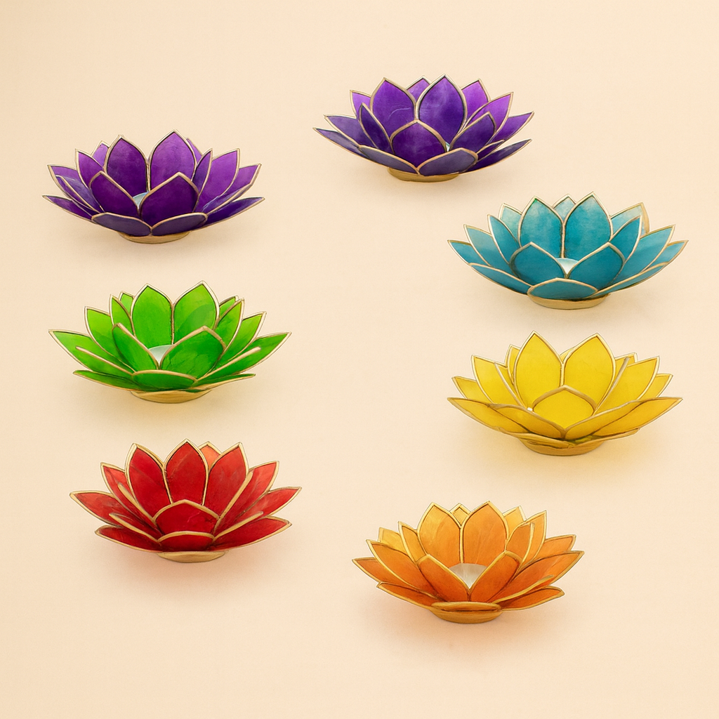 Chakra Lotus Tealight Holder – Capiz Shell, Silver Trim (Choose Your Colour)