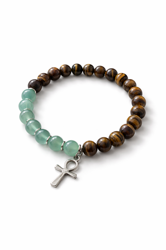 Tiger’s Eye & Green Glass Bead Ankh Bracelet
