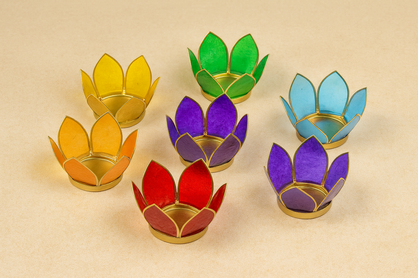 7 Chakra Lotus Tealight Holders with Gold Trim