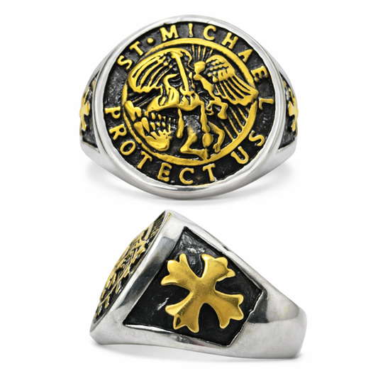 Saint Michael Signet Ring for Men - Gold Inlay