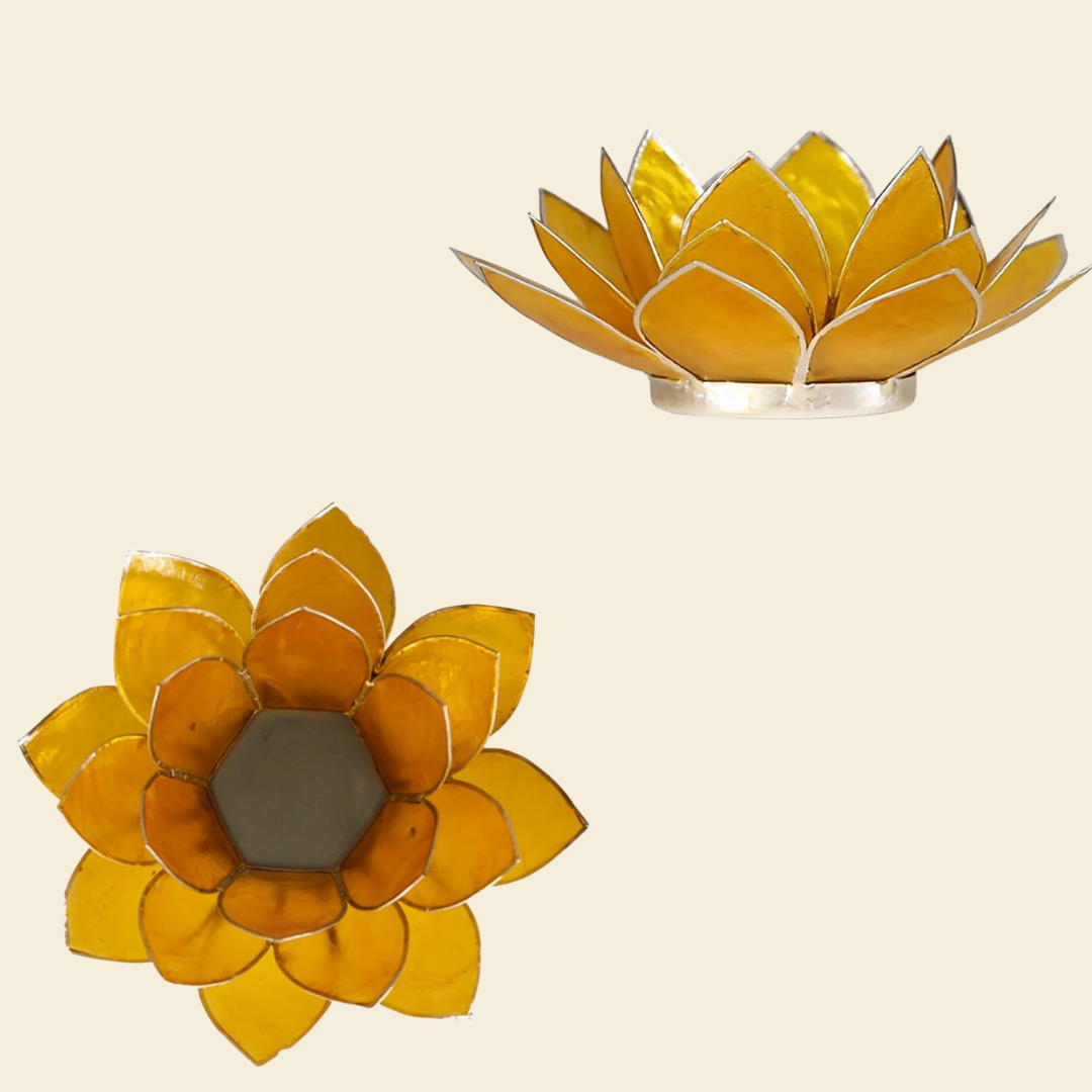 Chakra Lotus Tealight Holder – Capiz Shell, Silver Trim (Choose Your Colour)